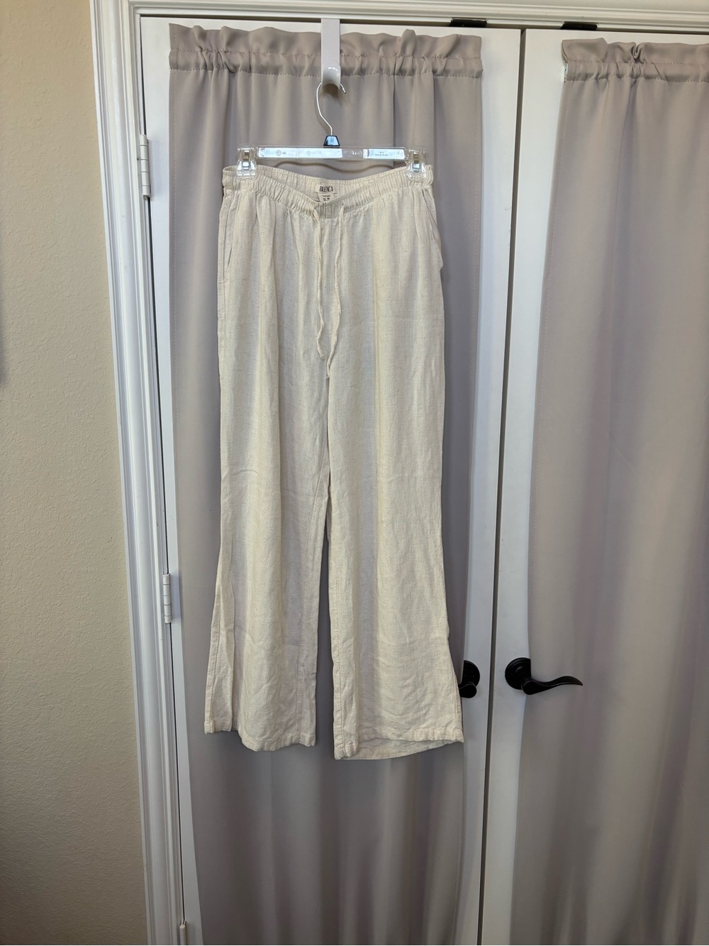Light Cream Wide-Leg Drawstring Pants linen blend